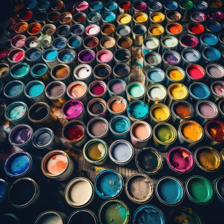 Colorful paint cans on a wooden background. Toned image, colorfull rainbow palette background patternの素材