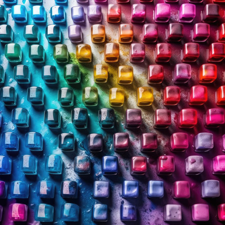 Multicolored abstract background of plastic cubes of different sizes and colors, colorfull rainbow palette background patternの素材