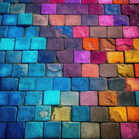 Colorful mosaic brick wall texture background with vignette effect, colorfull rainbow palette background patternの素材