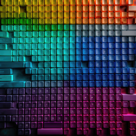 3d render of computer keyboard with colorful keys. Abstract background, colorfull rainbow palette background patternの素材