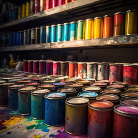 Cans of paint on the shelf in the artist's studio, colorfull rainbow palette background patternの素材