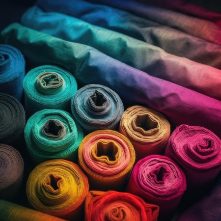 Rolls of multicolored fabric, close-up, selective focus, colorfull rainbow palette background patternの素材