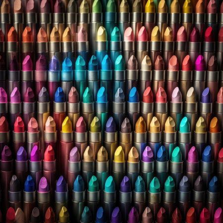 Multicolored crayons in a row on a black background, colorfull rainbow palette background patternの素材