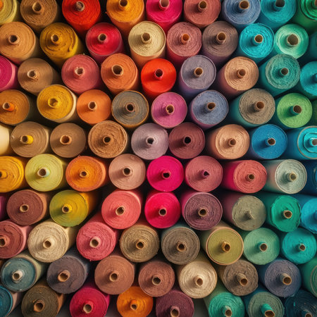 Colorful spools of thread as a background. Top view, colorfull rainbow palette background patternの素材