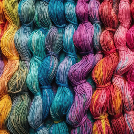 Multicolored threads for embroidery as a background texture, colorfull rainbow palette background patternの素材