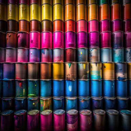 Colorful cans of oil paint as a background. Toned, colorfull rainbow palette background patternの素材
