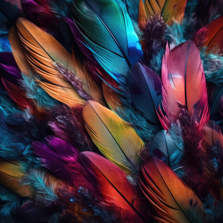 Colorful feathers background, close up. Bird feather texture for design, colorfull rainbow palette background patternの素材