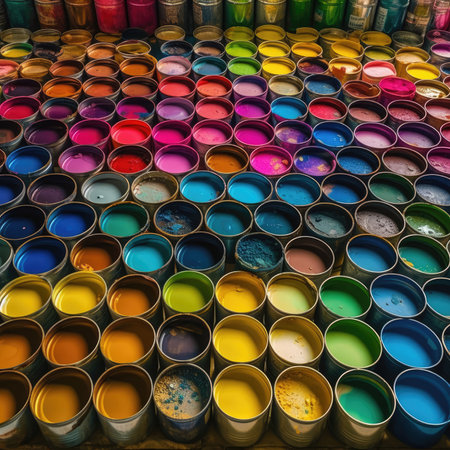 Paint cans of different colors for sale in a flea market, colorfull rainbow palette background patternの素材