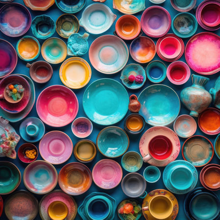 top view of colorful ceramic tableware on blue background with copy space, colorfull rainbow palette background patternの素材