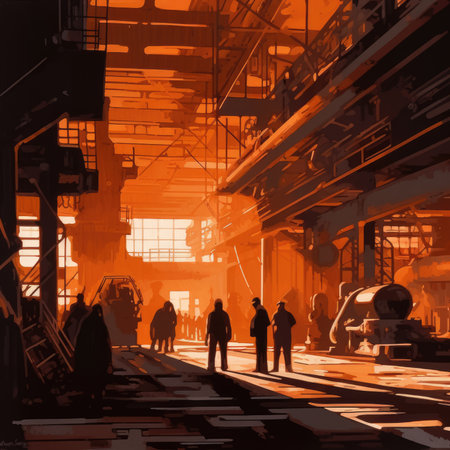 Industrial scene with silhouettes of workers and machinery. 3D rendering, landscape poster art.の素材