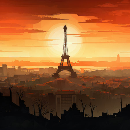 Paris skyline with Eiffel tower at sunset, vector illustration, landscape poster art.の素材