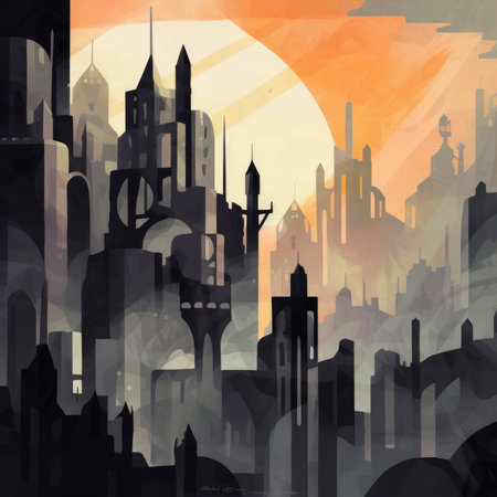 abstract background with silhouette of a modern city, vector illustration, landscape poster art.の素材