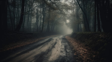 Mysterious road in the autumn forest. Foggy landscape.の素材