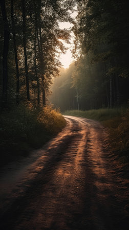 Rural road through the forest at sunset. toned image.の素材