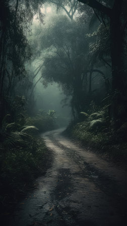 Foggy trail in the rainforest of New Zealand. Toned.の素材