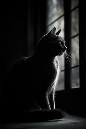 black and white portrait of a cat sitting in front of the window, animal silhouette photorealistic poster.の素材