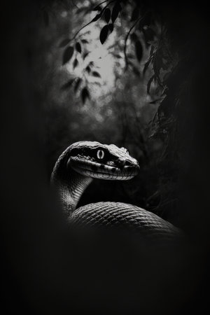 Portrait of a snake in a dark forest. Black and white animal silhouette photorealistic poster.の素材