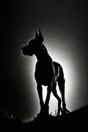 Silhouette of a great dane on a dark background, animal silhouette photorealistic poster.の素材