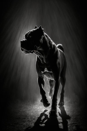 Cane corso dog silhouette on dark background. Studio shot, animal silhouette photorealistic poster.の素材