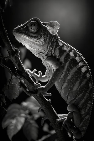 Chameleon on a tree branch. Black and white photo, animal silhouette photorealistic poster.の素材
