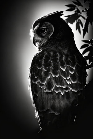 Black and white photo of an owl sitting on a tree branch, animal silhouette photorealistic poster.の素材