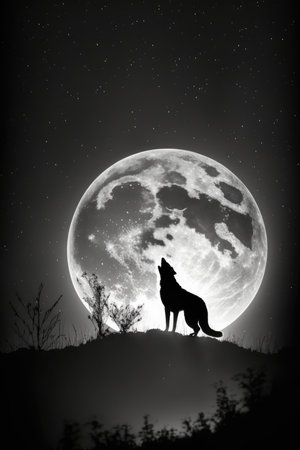 wolf howling at the full moon with silhouette of a wolf, animal silhouette photorealistic posterの素材