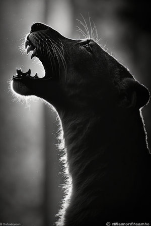 black and white portrait of a lioness with open mouth in the dark, animal silhouette photorealistic poster.の素材