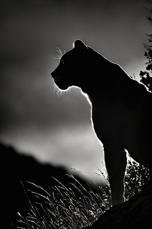 Black and white silhouette of a lioness on a rock in the sunset, animal silhouette photorealistic poster.の素材