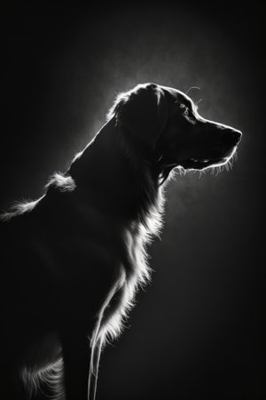 Studio portrait of golden retriever in black and white. Studio shot, animal silhouette photorealistic poster.の素材
