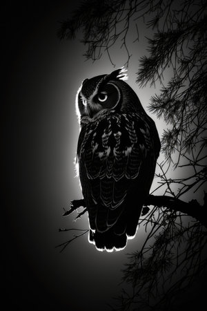 Silhouette of an owl on a tree branch in black and white, animal silhouette photorealistic poster.の素材