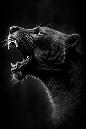Black panther (Panthera leo) on black background, animal silhouette photorealistic posterの素材