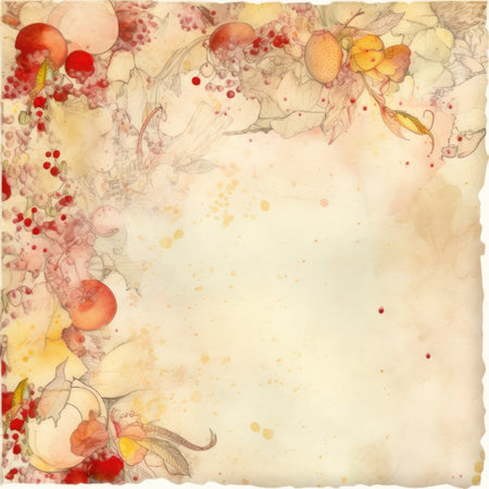 Watercolor floral background with berries and leaves on old paper texture, Pastel Retro Seamless Patternの素材