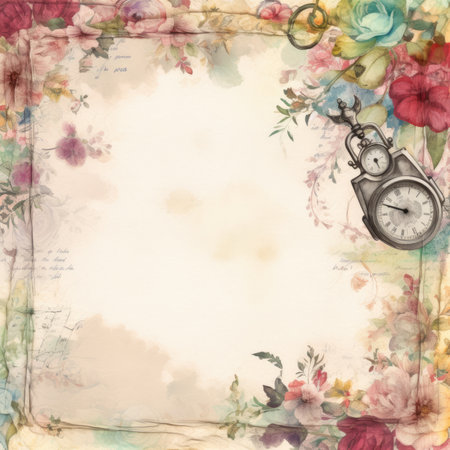 Vintage background with watercolor flowers, clock and old paper, Pastel Retro Seamless Patternの素材