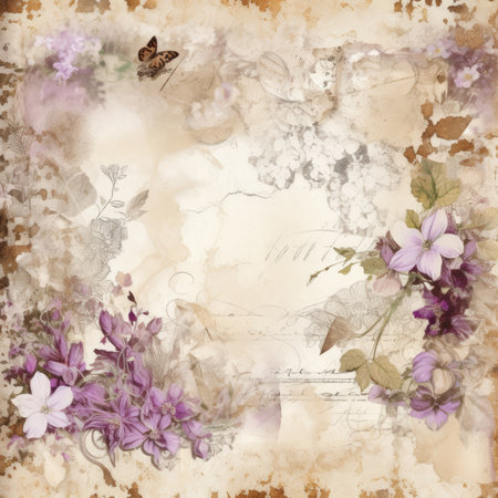 Grunge background with spring flowers and old paper texture. Vintage style, Pastel Retro Seamless Patternの素材