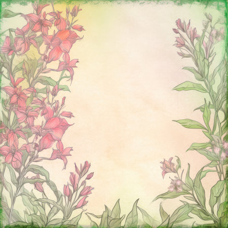 Vintage floral background with lily flowers. Hand drawn illustration, Pastel Retro Seamless Patternの素材
