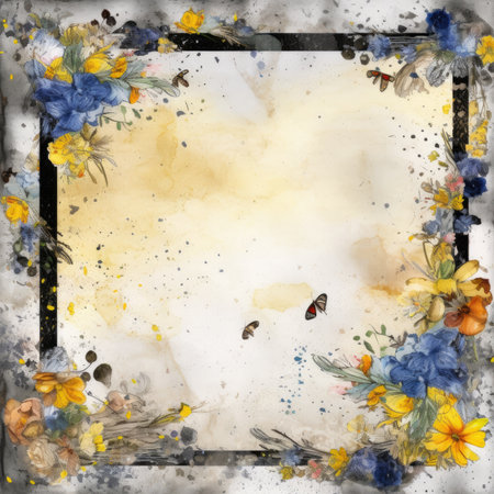 Watercolor floral frame with wildflowers and butterflies on grunge background, Pastel Retro Seamless Patternの素材