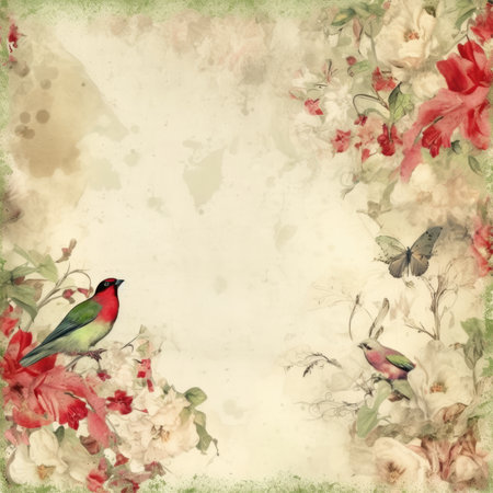 Grunge floral background with bird and hibiscus flowers, Pastel Retro Seamless Patternの素材