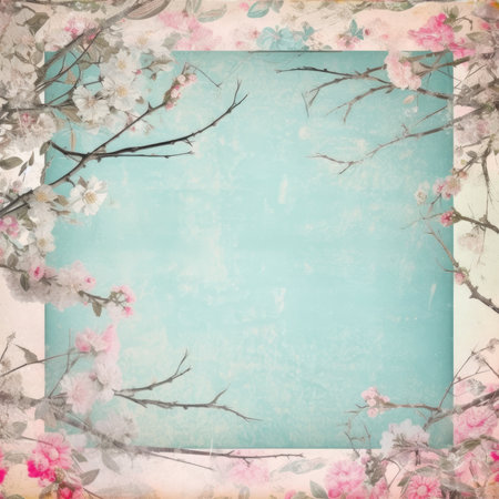 Vintage frame with cherry blossom flowers on blue grunge background, Pastel Retro Seamless Patternの素材