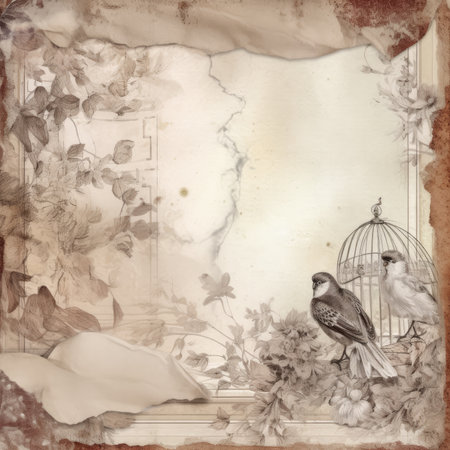 Vintage background with birds and birdcagea tone, Pastel Retro Seamless Patternの素材