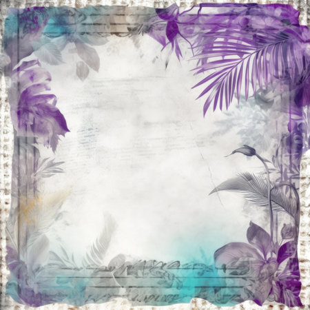 Grunge background with tropical plants and grunge textured paper, Pastel Retro Seamless Patternの素材