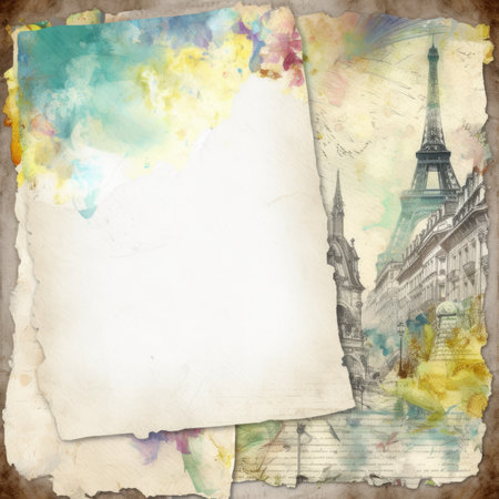 Old paper with Eiffel tower on watercolor background, Paris, France, Pastel Retro Seamless Patternの素材