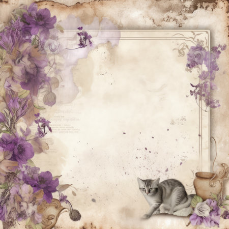 Grunge background with old paper texture, flowers and cat, Pastel Retro Seamless Patternの素材