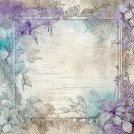 Grunge background with frame and orchids. Vintage card, Pastel Retro Seamless Patternの素材