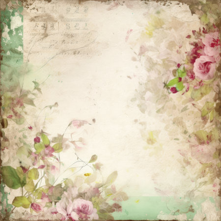Grunge floral background with watercolor flowers and old paper texture, Pastel Retro Seamless Patternの素材