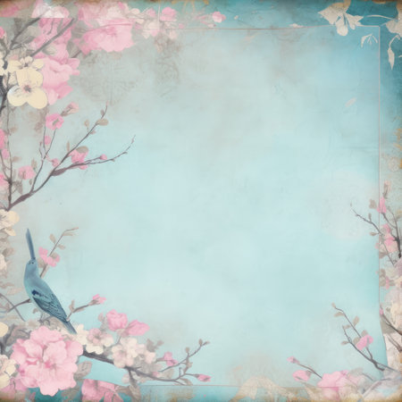 Grunge floral background with blue bird and cherry blossoms, Pastel Retro Seamless Patternの素材