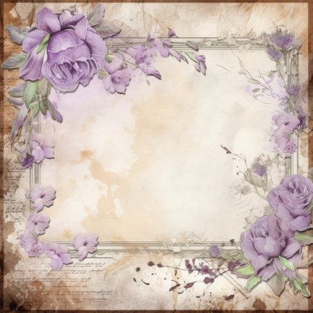Grunge background with violet roses and old paper for text, Pastel Retro Seamless Patternの素材
