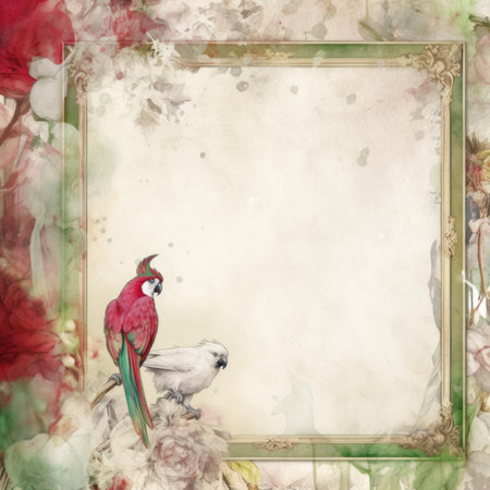 Grunge floral frame with parrots and flowers. Watercolor illustration, Pastel Retro Seamless Patternの素材