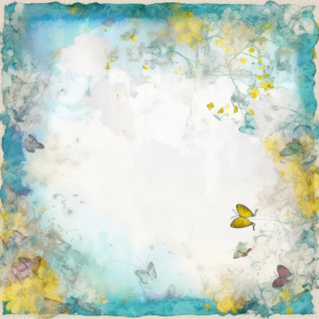 Abstract watercolor background with spring flowers and butterflies. Hand-drawn illustration, Pastel Retro Seamless Patternの素材