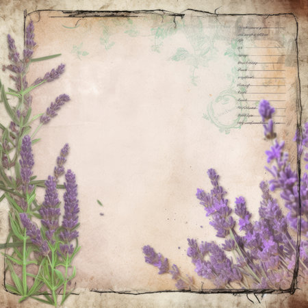 Lavender flowers on old paper background with space for text, Pastel Retro Seamless Patternの素材