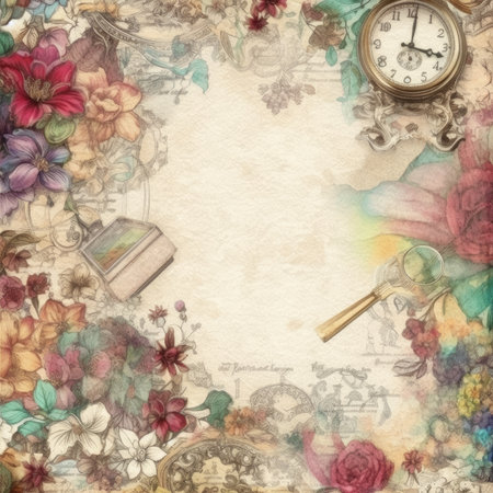 Vintage background with magnifying glass, clock, magnifier and flowers, Pastel Retro Seamless Patternの素材